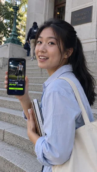 Ambassador content mockup of a student carrying books and sharing the XtraPoint page on library steps.