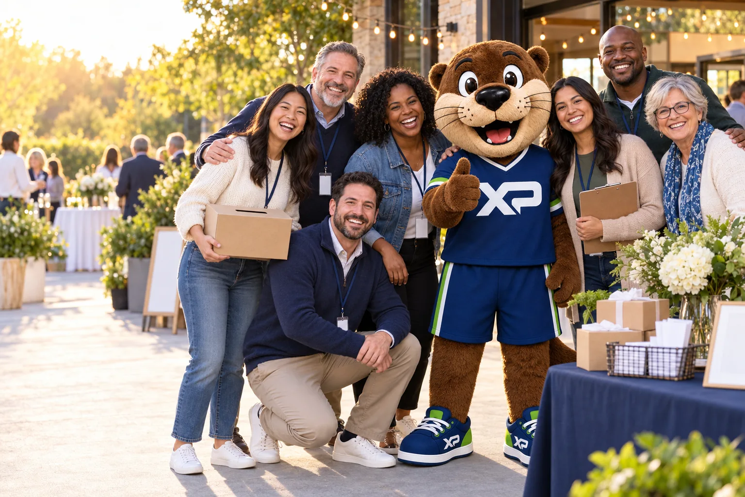 Otto the Otter with a group of community volunteers at an outdoor fundraiser.