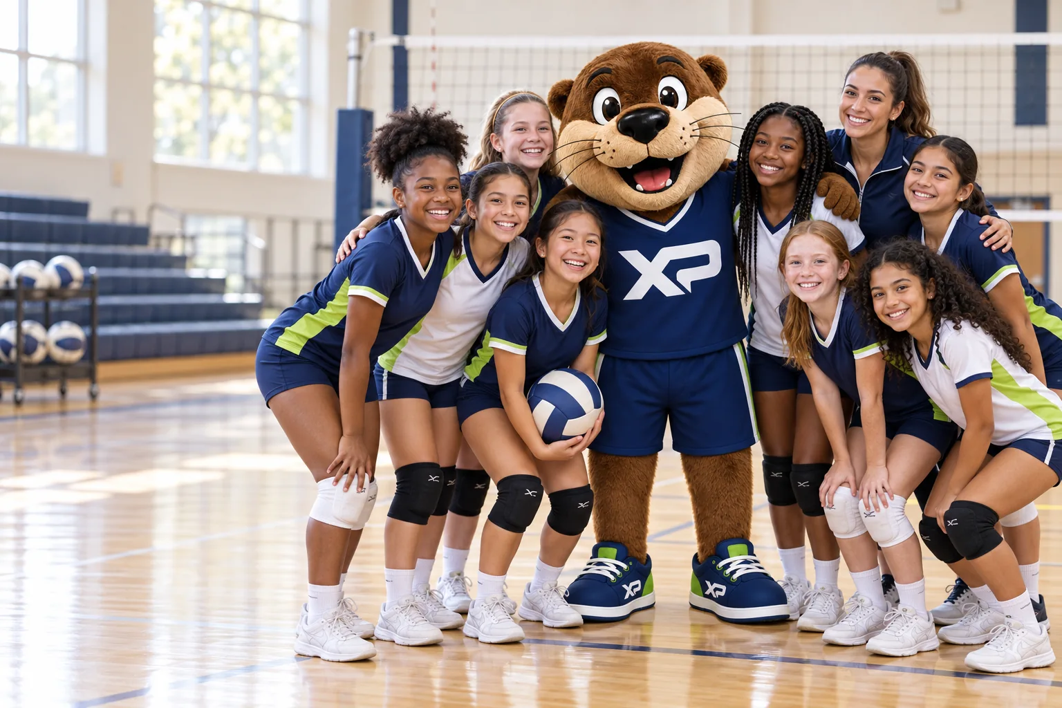 Otto the Otter with a volleyball team, gathered together on their home court.